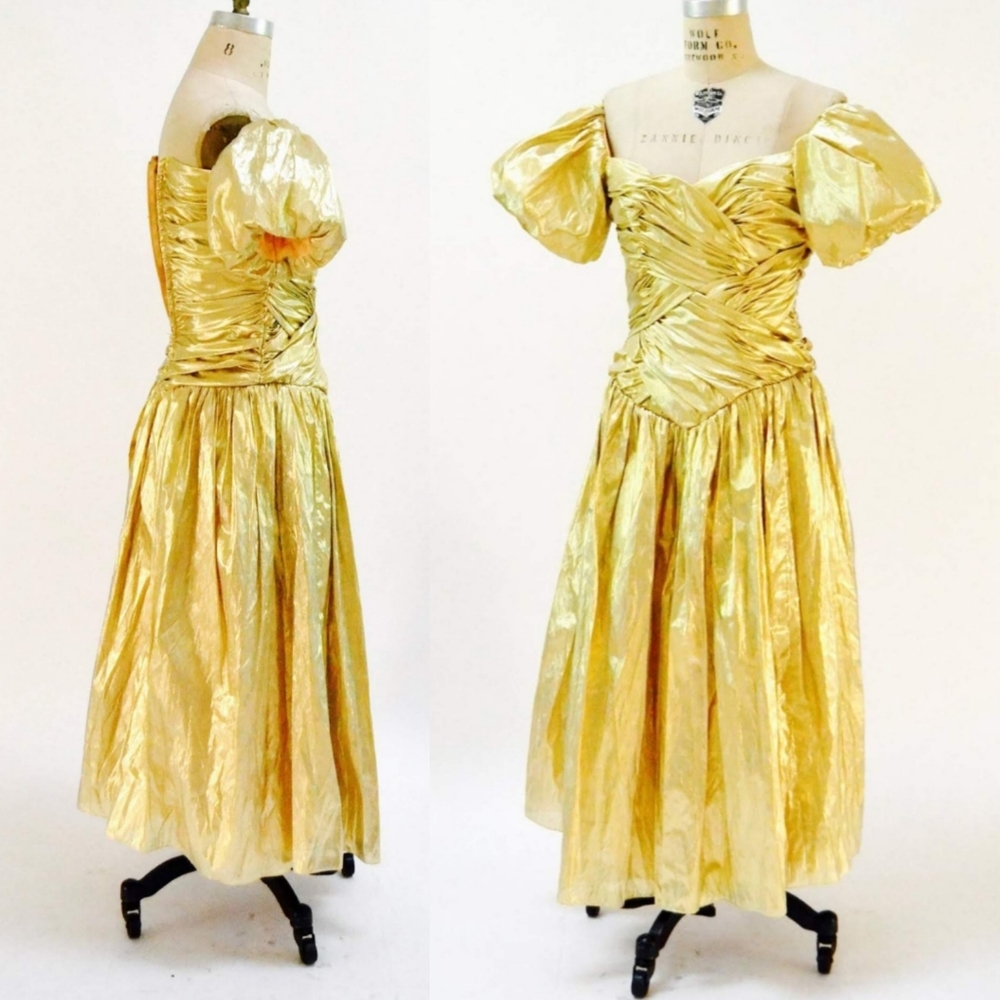VTG 80s Alyce Designs Gold Lamé Party Dress